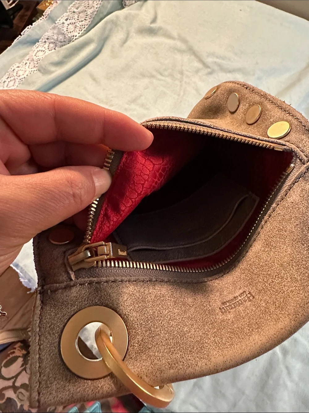 Hammitt Taupe Suede Crossbody with Gold Studs